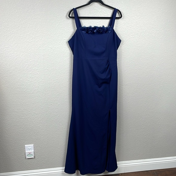New Alex Evenings Flower Neckline Maxi Dress Square Neck Navy Blue Sz 14 - Picture 2 of 13